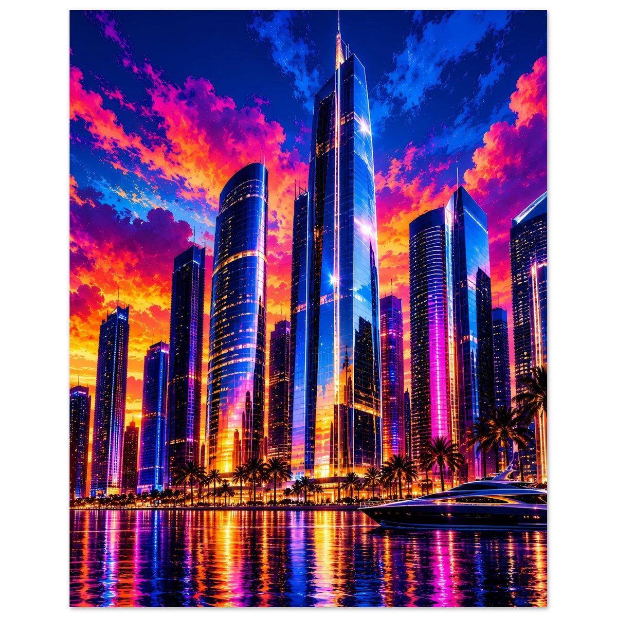 Stadtposter mit leuchtenden Hochhäusern im Sonnenuntergang, farbiger Himmel und reflektierendes Wasser