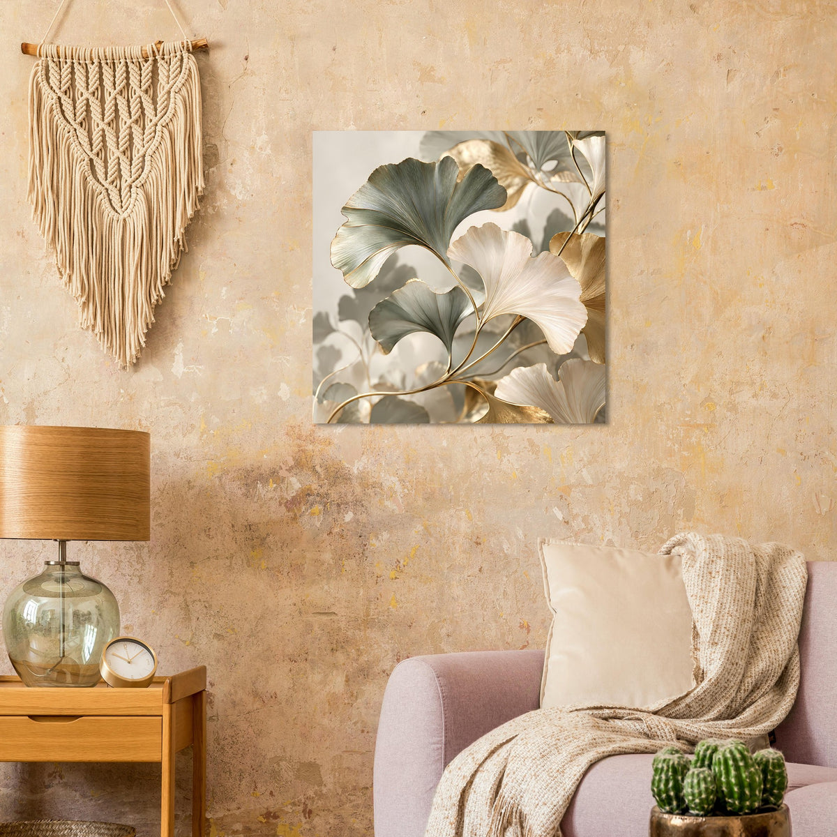 Poster mit Ginkgo-Blättern: Creme- und Grau-Grünblätter mit goldenen Ranken