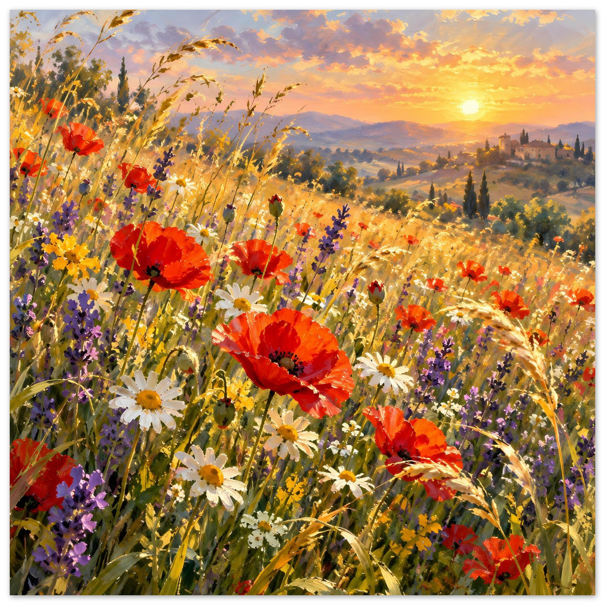 Querformatiges Poster mit Blumenmeer aus Mohn und Gänseblümchen, goldener Himmel bei Sonnenuntergang