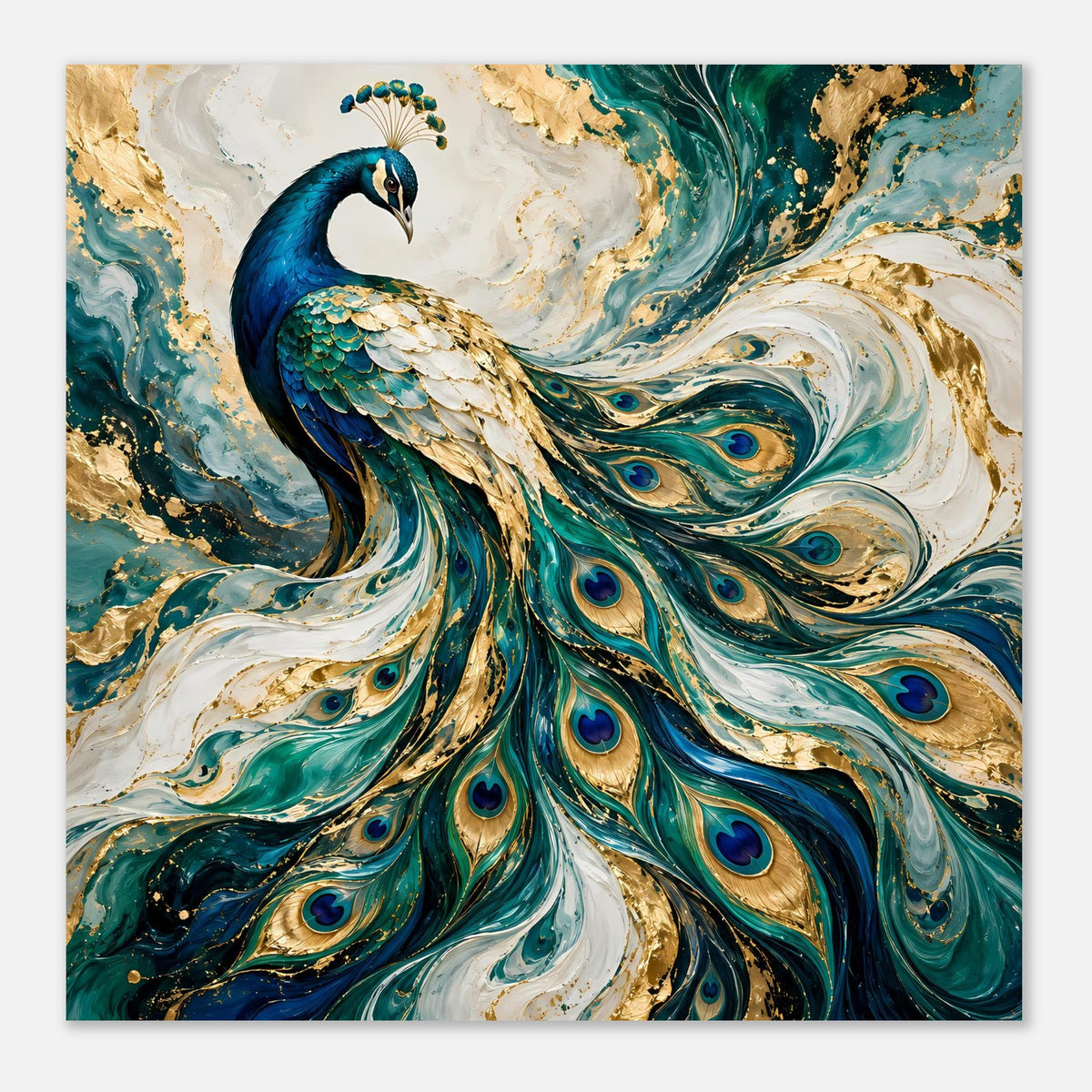 Pfau-Kunstposter im Quadrat: blauer Pfau mit türkisgrünen und goldenen Federwirbeln