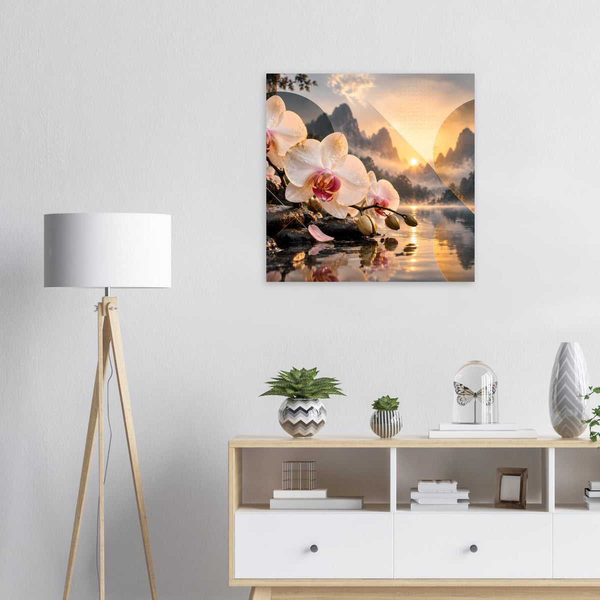 Blumenposter mit Orchideen, Sonnenuntergang über Bergsee im quadratischen Rahmen