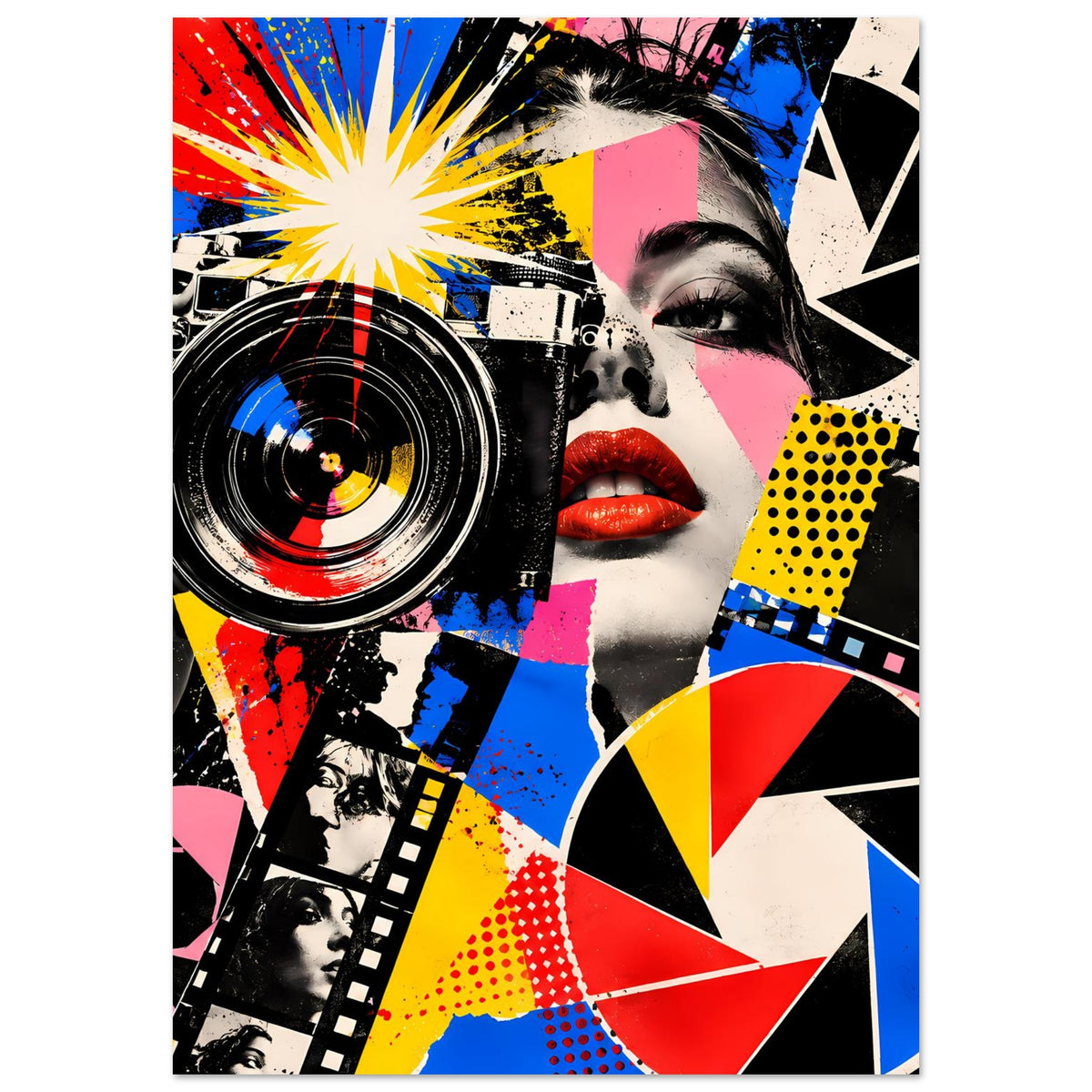 Pop-Art-Fotografie-Poster mit Kamera links, Augen und Lippen im Pop-Art-Stil