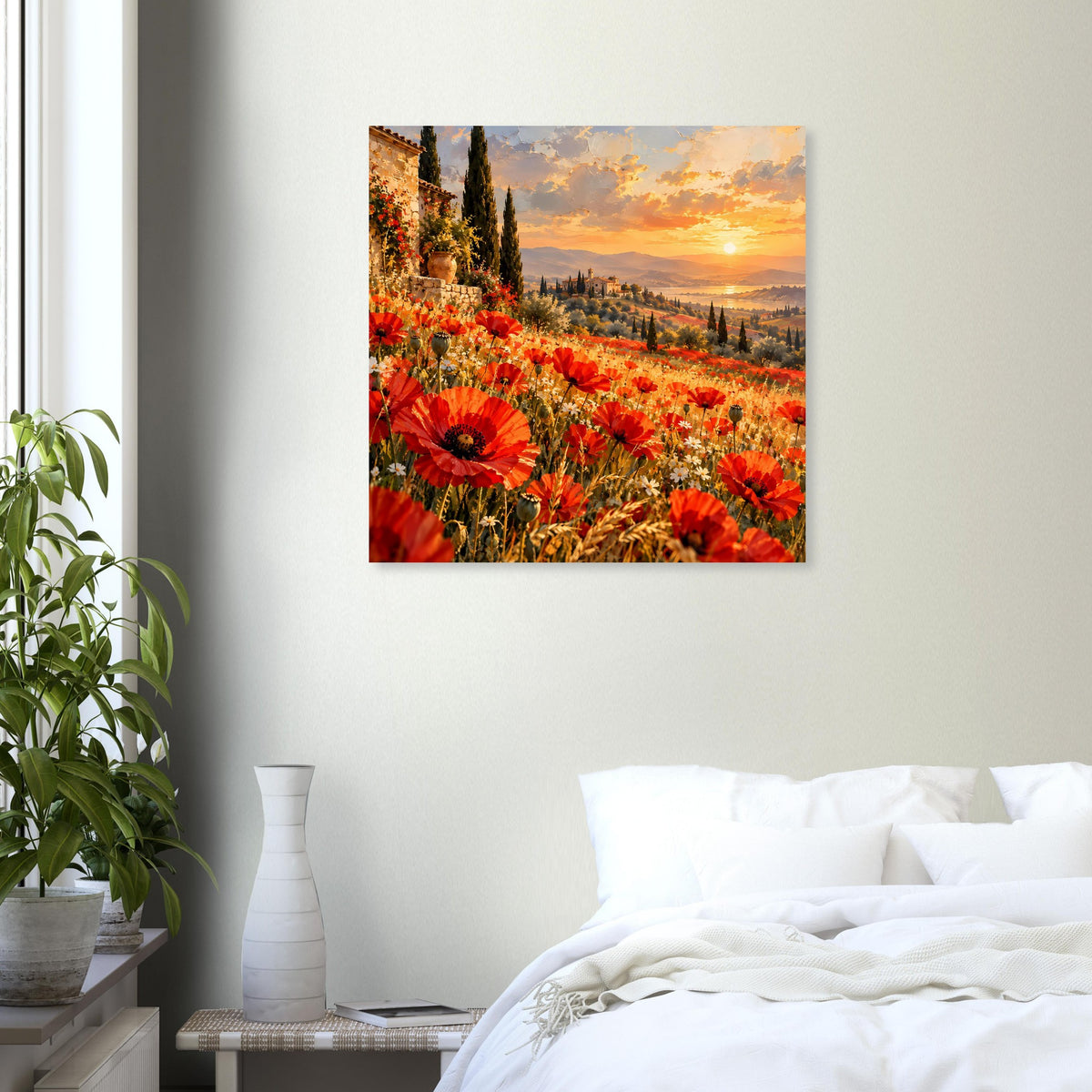 Quadratischer Kunstdruck-Poster: rotes Mohnfeld bei goldenem Abendhimmel.