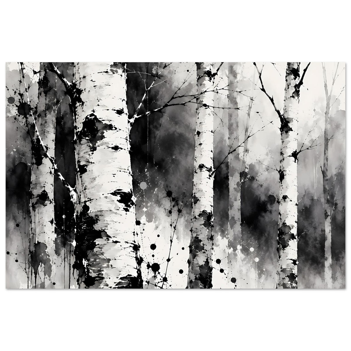 Querformat Kunstposter mit Birkenwald-Motiv in Schwarz und Weiß, feine Äste