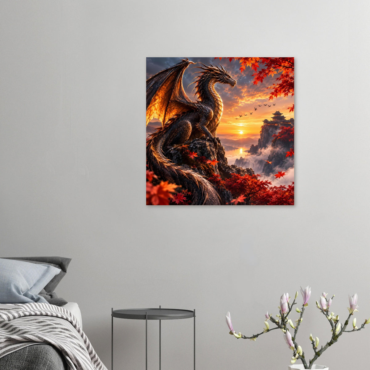 Kleines Poster mit schwarzem Drachen auf Felsen, roten Blättern und Tempel im Abendlicht