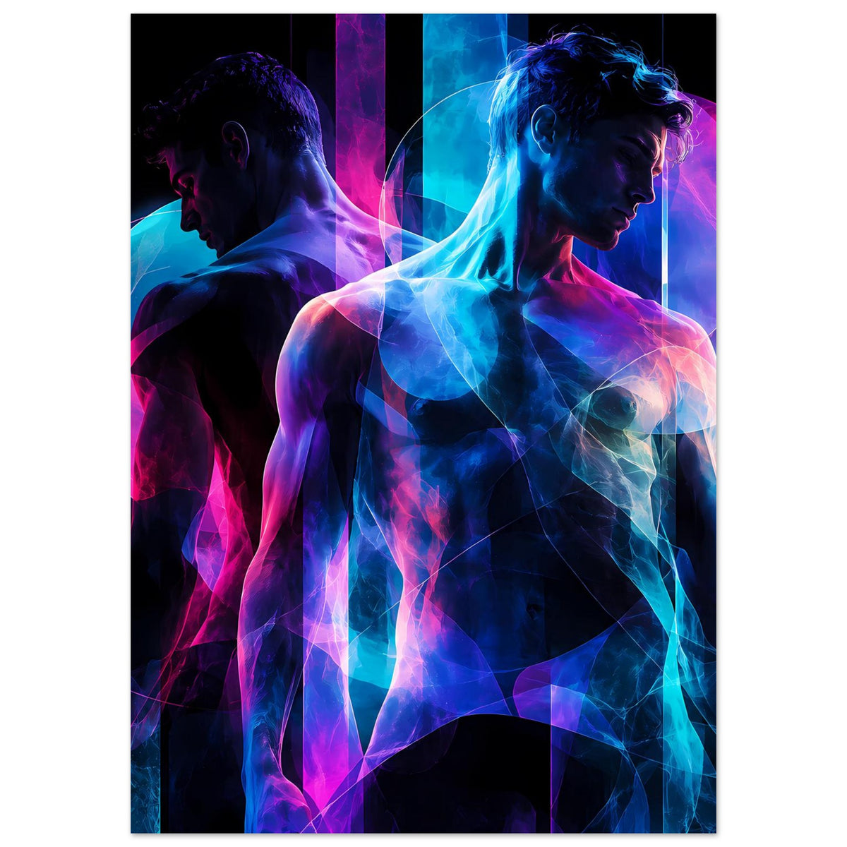 Leuchtendes Kunstposter, Blick auf zwei Silhouetten mit Neon-Flächen in Blau/Pink
