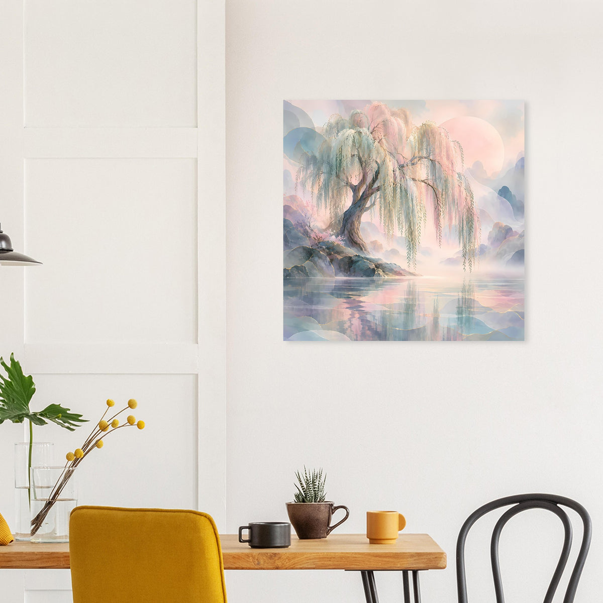 Naturposter mit Trauerweide, Pastellmeer und weichen Reflexionen im Wasser