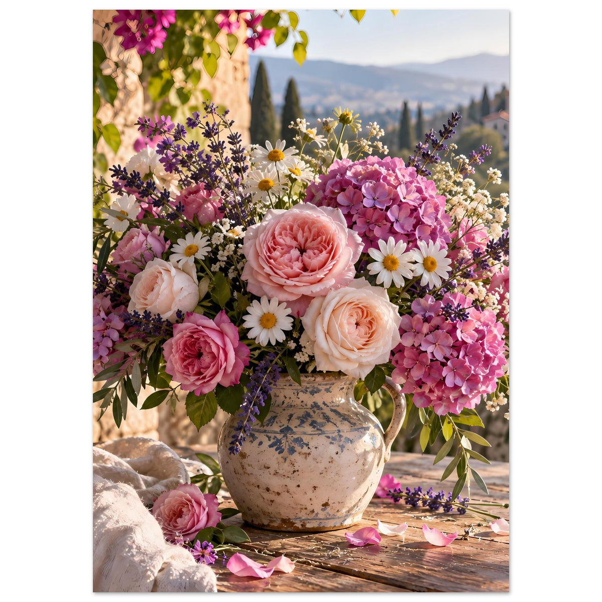 Blumenposter mit Blumenstrauß in Vase, Pink und Gelb