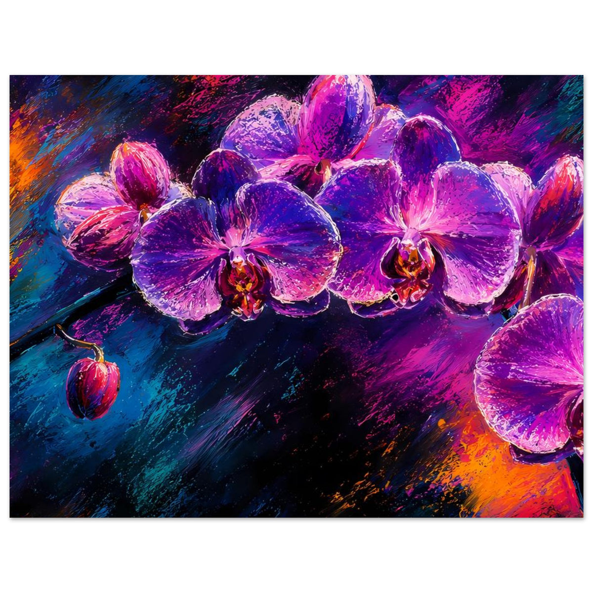 Blumenposter mit violetten Orchideenblüten und leuchtenden Farbverläufen