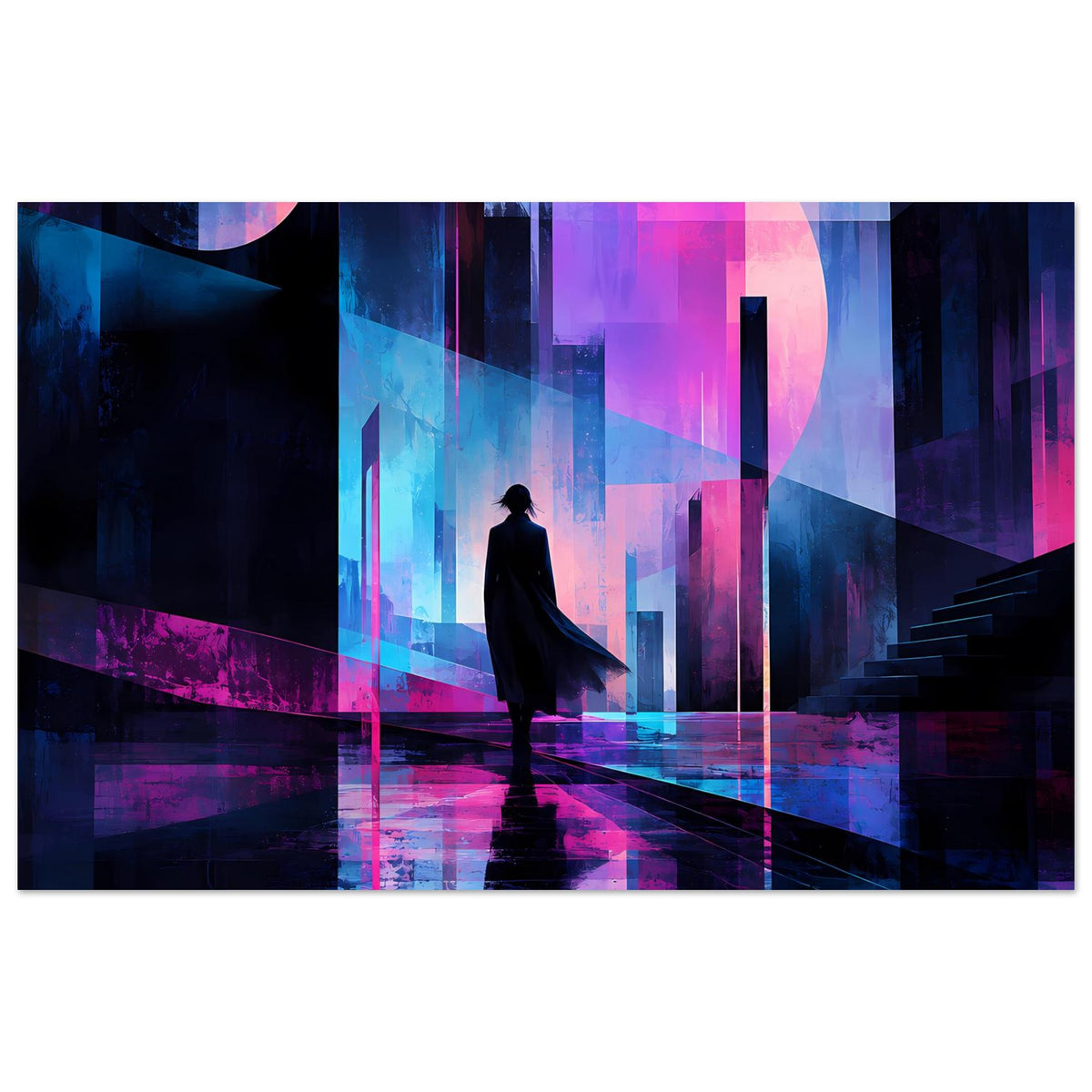 Neon-Nachtstadt-Poster im Querformat: Silhouette mit Umhang vor futuristischen Skyline-Linien