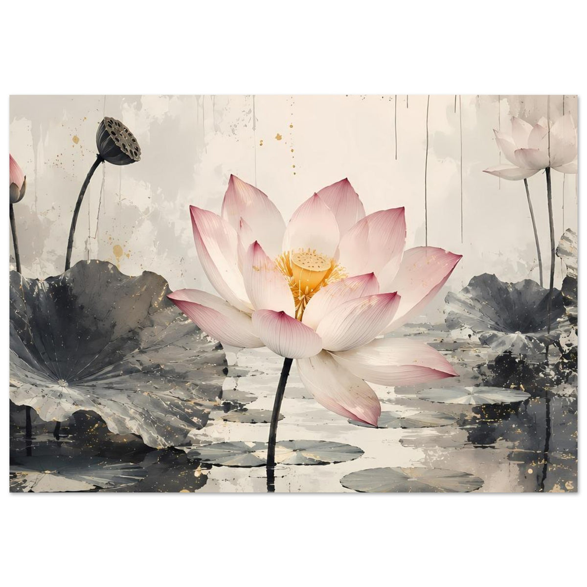 Zen-Poster: große Lotusblüte in Rosa/Weiß, Seerosen und Samenstand links