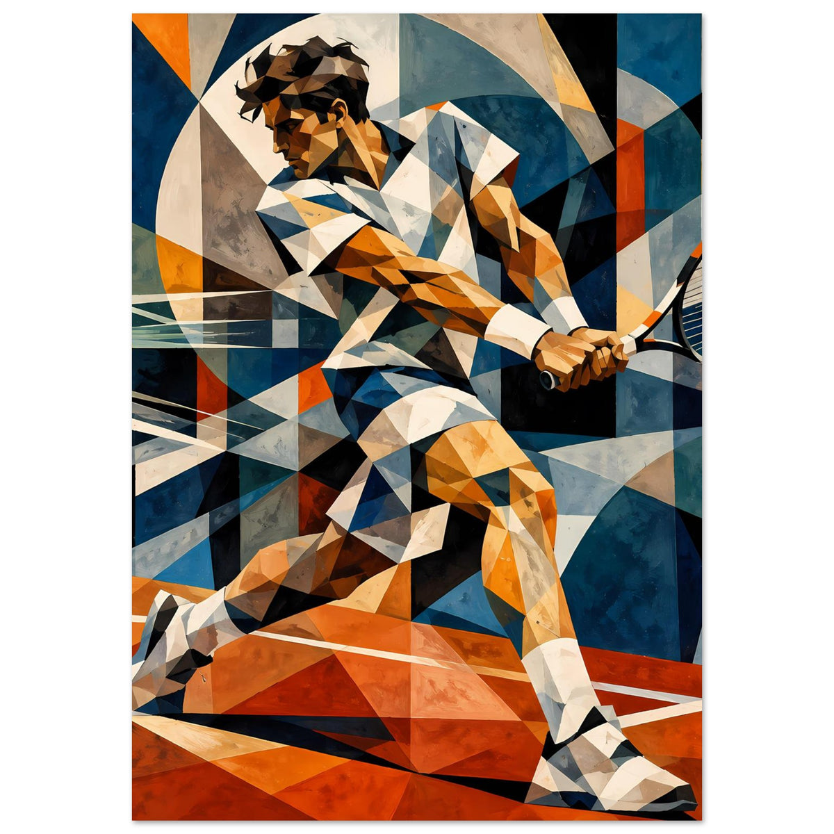 Kunst-Poster: abstrakter Tennis-Spieler mit Schläger, geometrische Flächen in Blau und Orange
