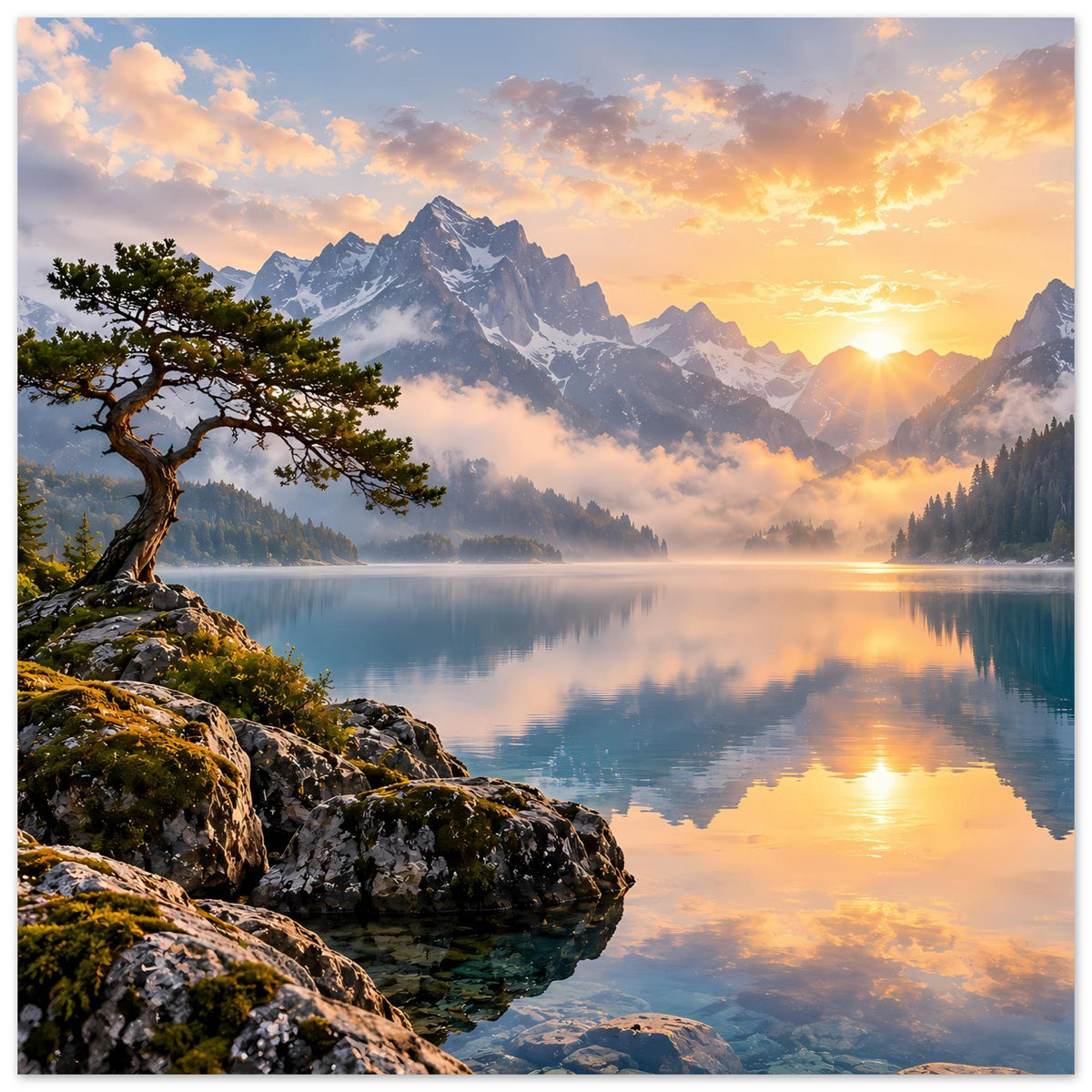 Wandposter mit Sonnenaufgang über Bergen, See mit Lichtreflexen und Baum am Felsvorsprung