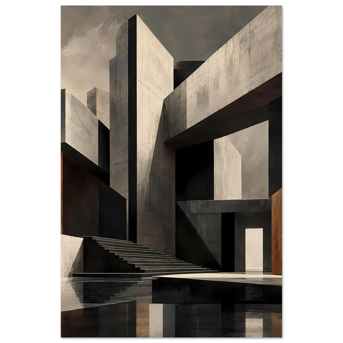 Hochformatiges Architekturposter mit Treppe, Nischen und Betonoptik in Hellgrau und Dunkelgrau