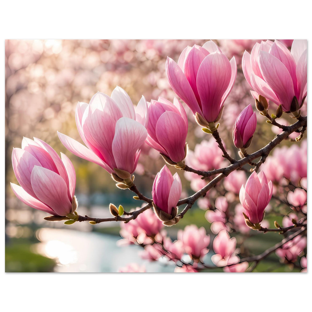 Blumenposter: rosa Magnolienblüten und weiße Blüten an verzweigtem Ast