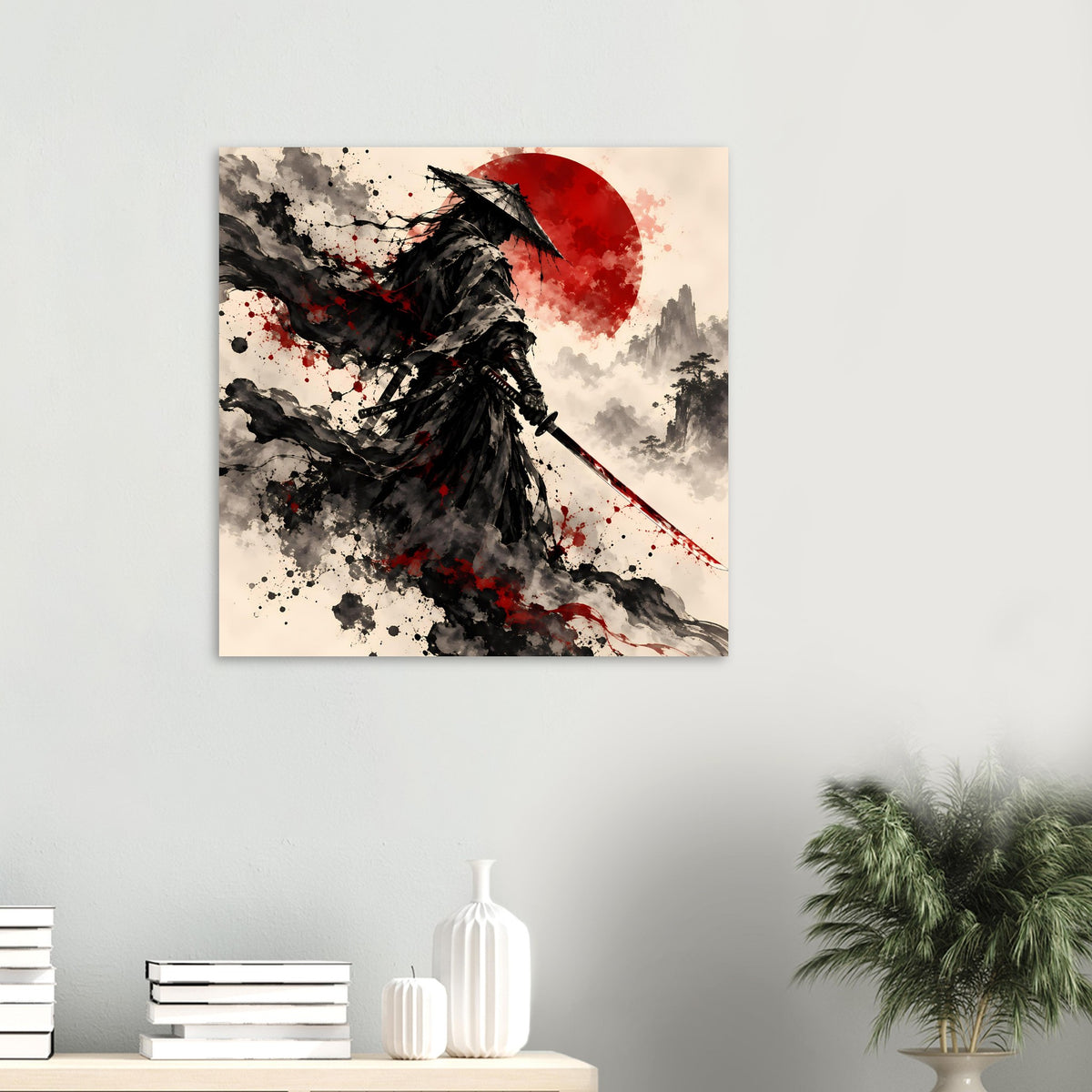 Kunstdruck: Samurai-Krieger mit Katana und schwarzem Umhang, rote Sonnenscheibe, Spritzer