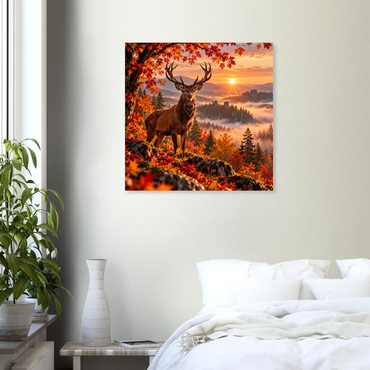 Quadratisches Hirsch-Poster mit Sonnenuntergang, orangefarbenem Herbstwald und Geweihhirsch.