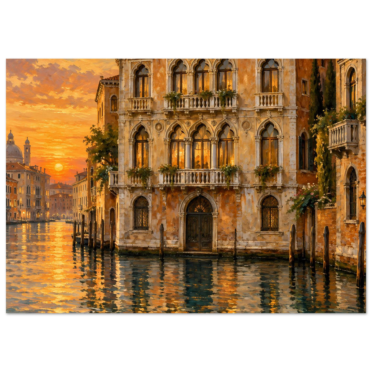 Poster im Querformat: Sonnenuntergang über Venedig, Palastfassade mit Reflexionen im Wasser