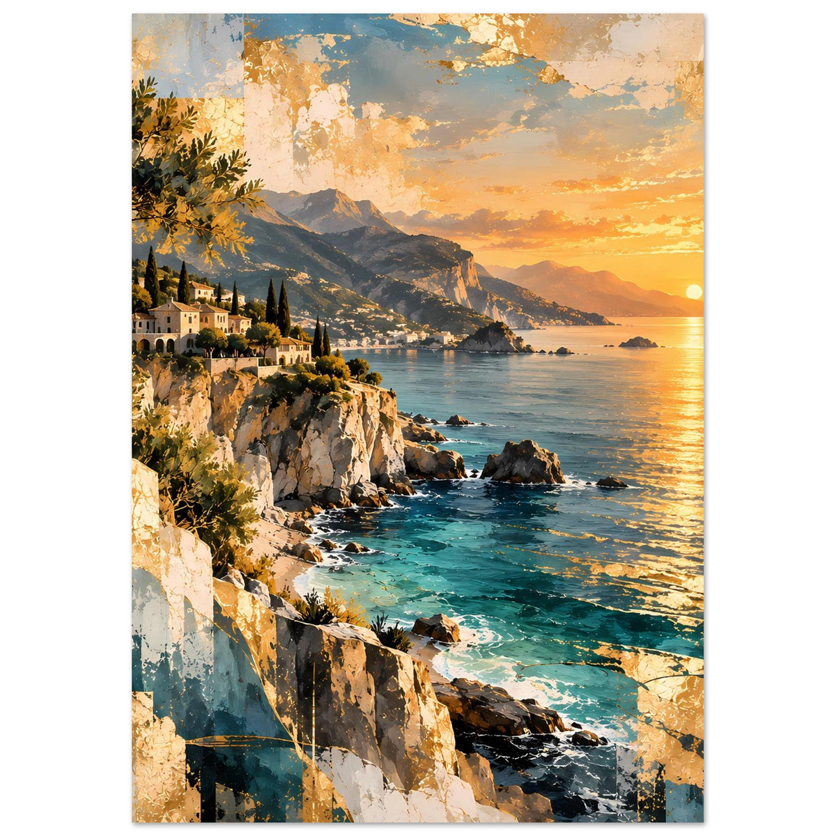 Hochformat-Poster mit Küstenort, türkisfarbenem Wasser und Abendhimmel