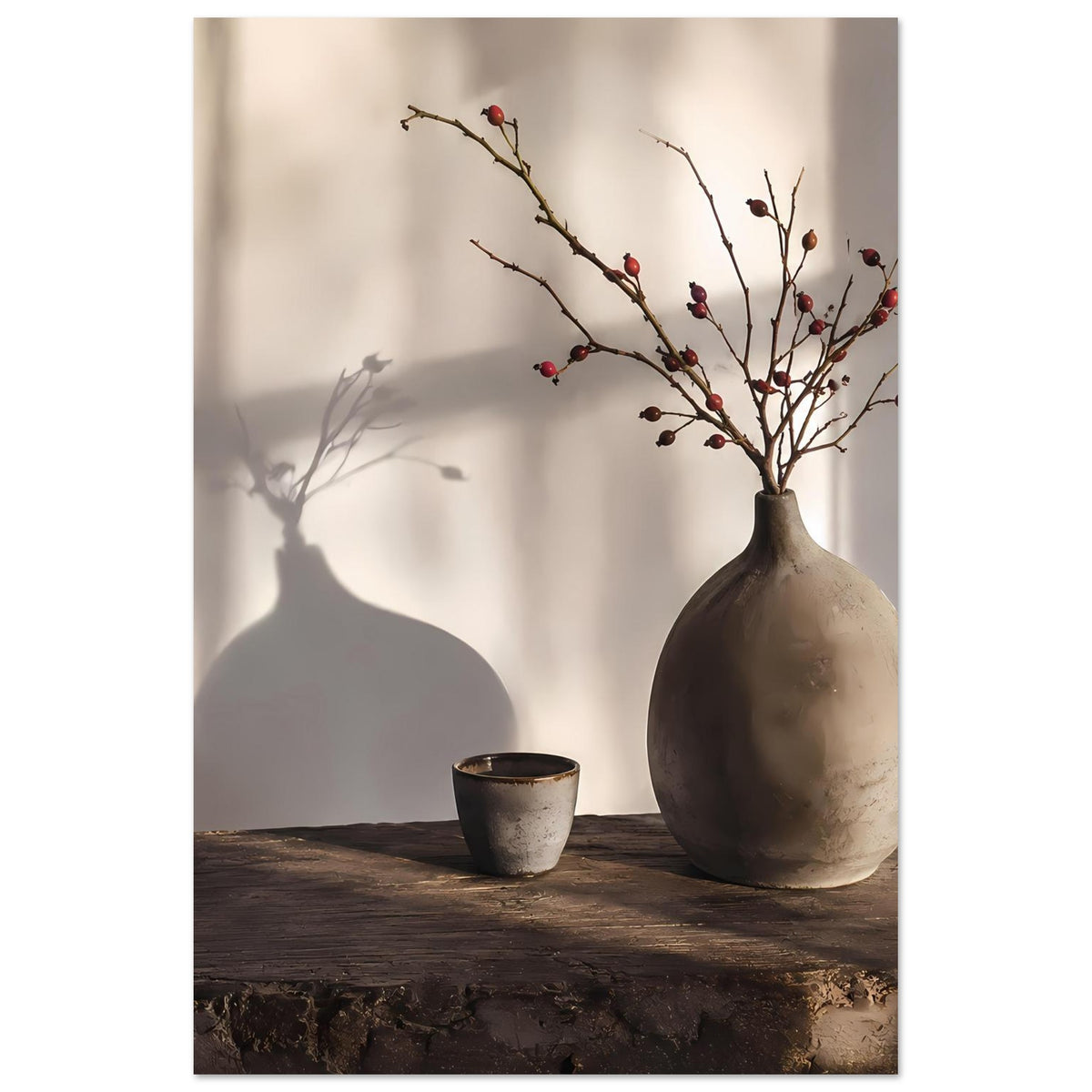 Stilllebenposter im Hochformat mit beiger Vase, roten Beerenzweigen und grauem Becher auf Holz