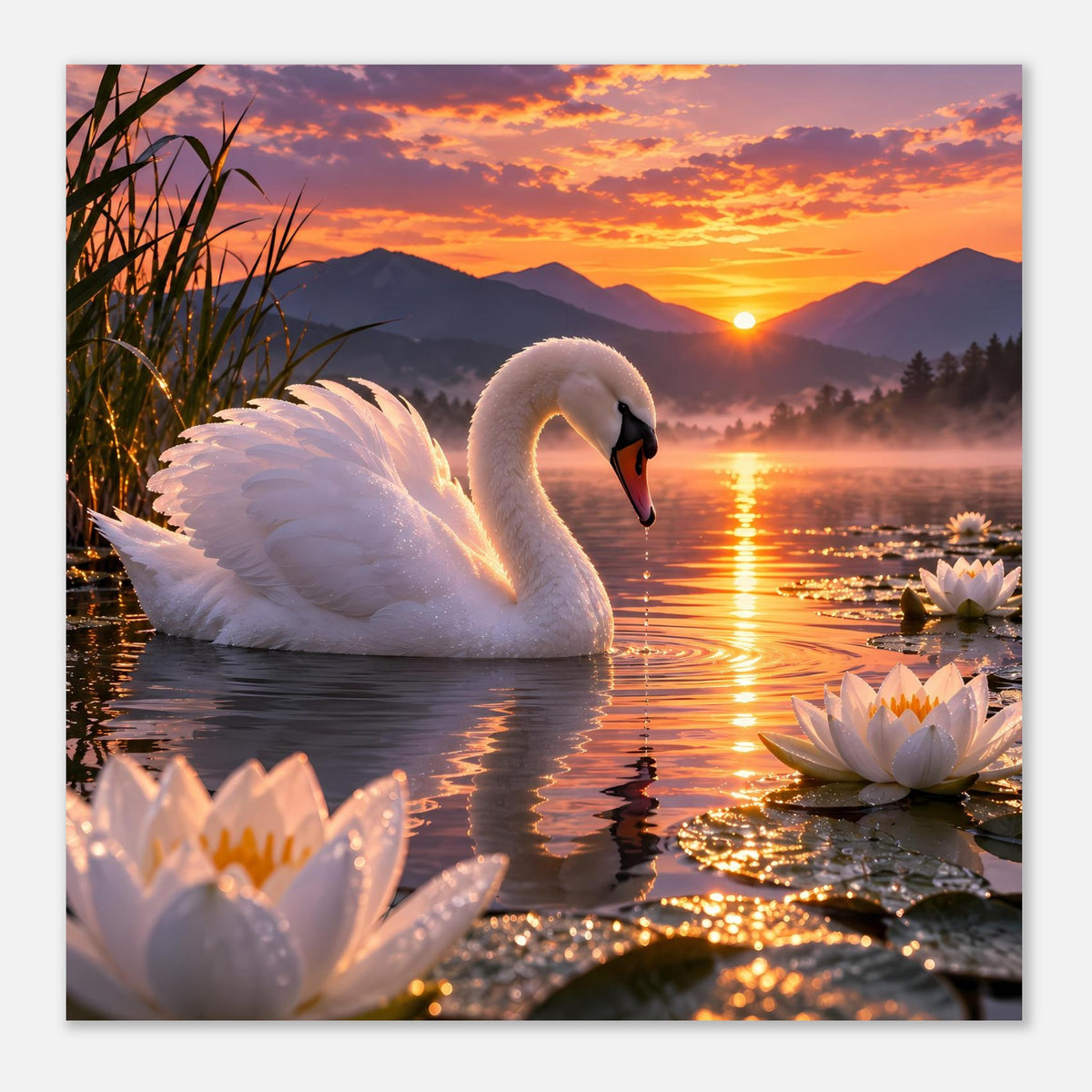 Posterbild: weißer Schwan im Vordergrund, Seerosen am Ufer und Sonnenuntergang