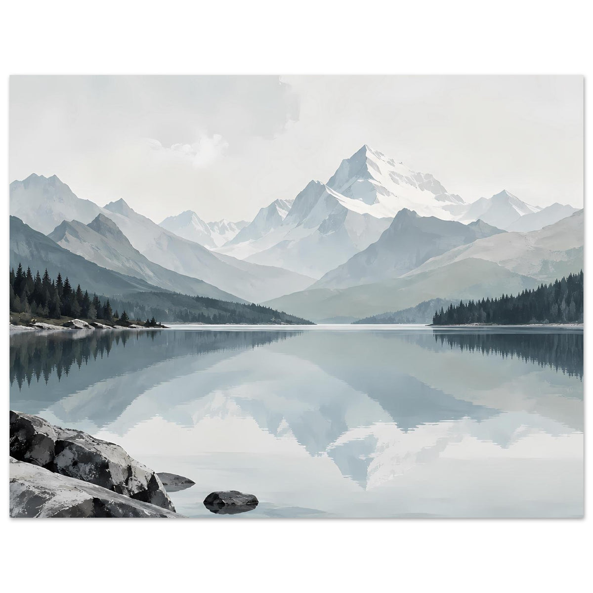 Kunstdruck eines Bergsees mit Spiegelbild der Berge und Wolken, Steine im Vordergrund, hochformat