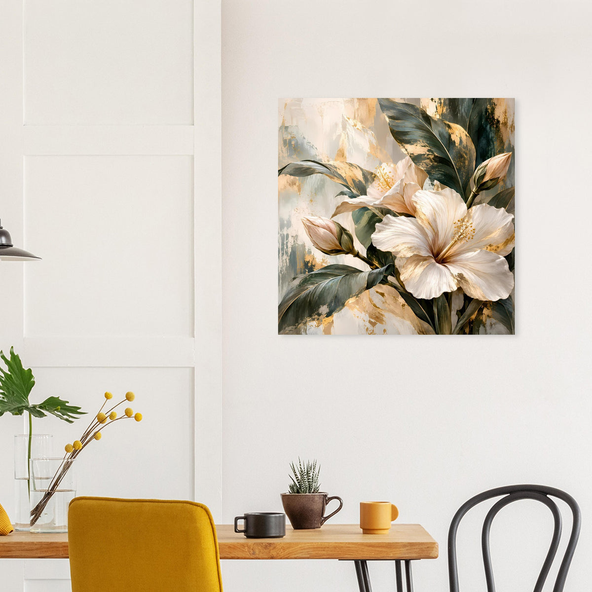 Blumenposter mit weißer Blüte, grünen Blättern und goldenen Highlights