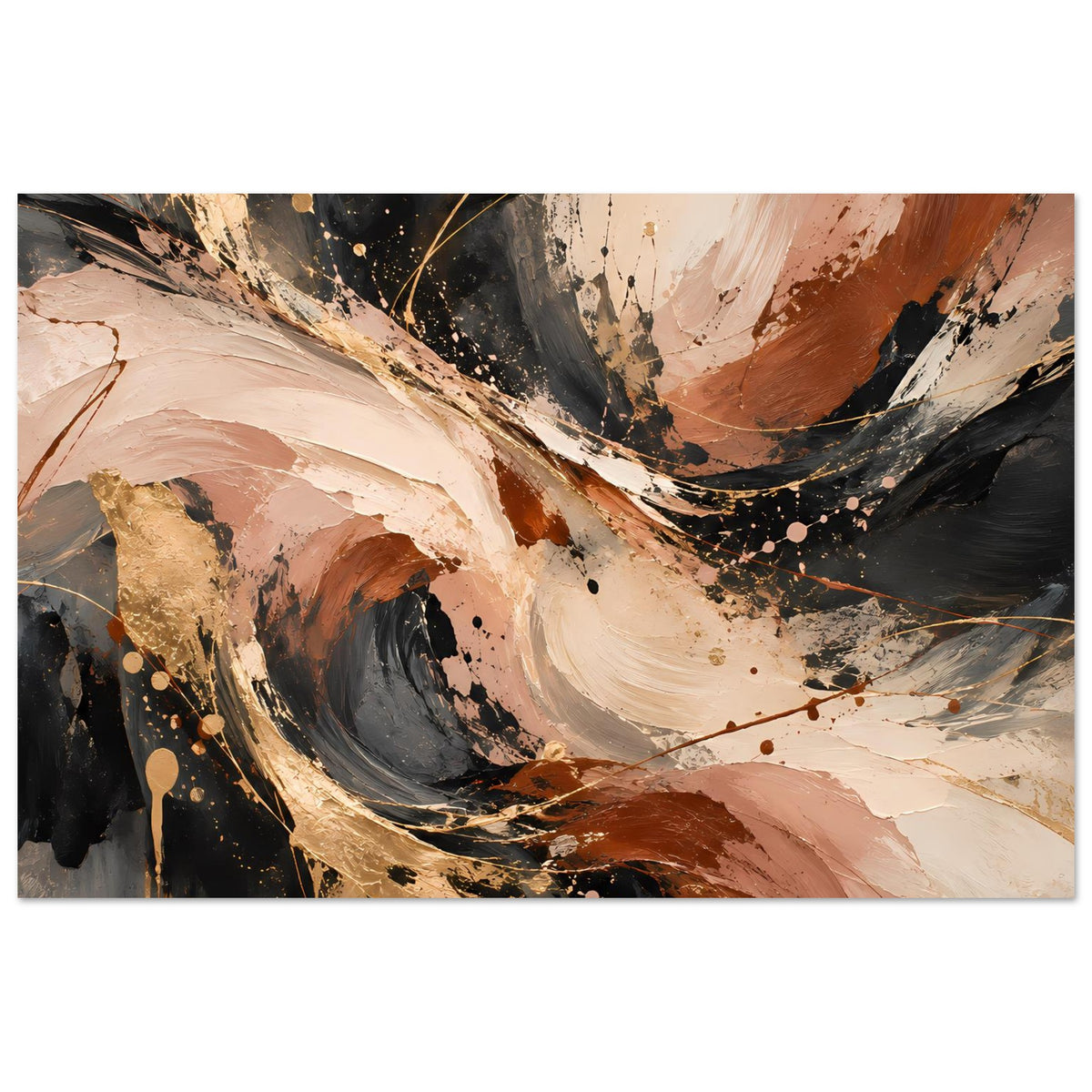 Abstraktes Kunstposter im Querformat: cremefarbene Schwünge, braune Akzente, schwarze Spritzer