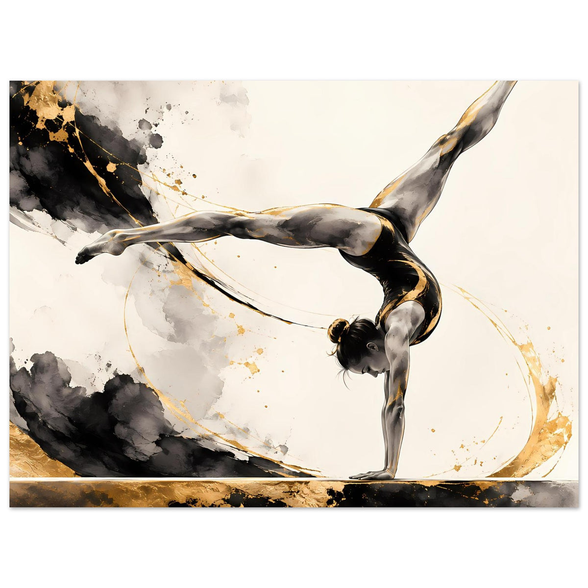 Horizontales Gymnastikposter: Handstand-Turnerin, goldene Spritzer und schwarze Rauchoptik