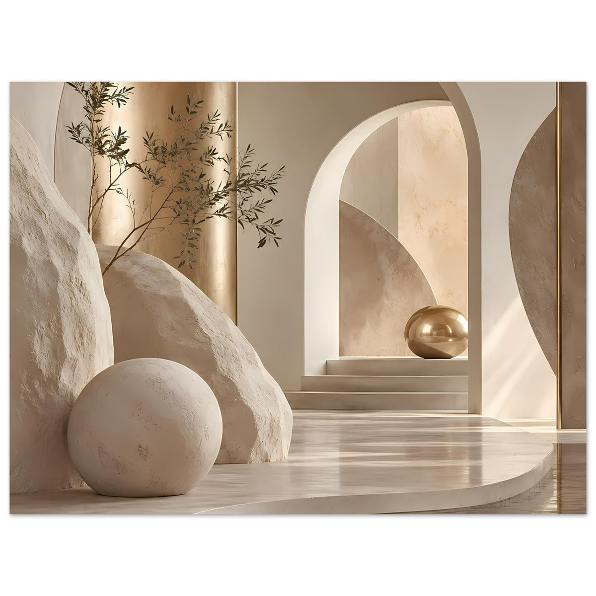 Architekturposter im Landschaftsformat mit warmen Sand- und Goldtönen, Bögen, Pflanzen und Kugel