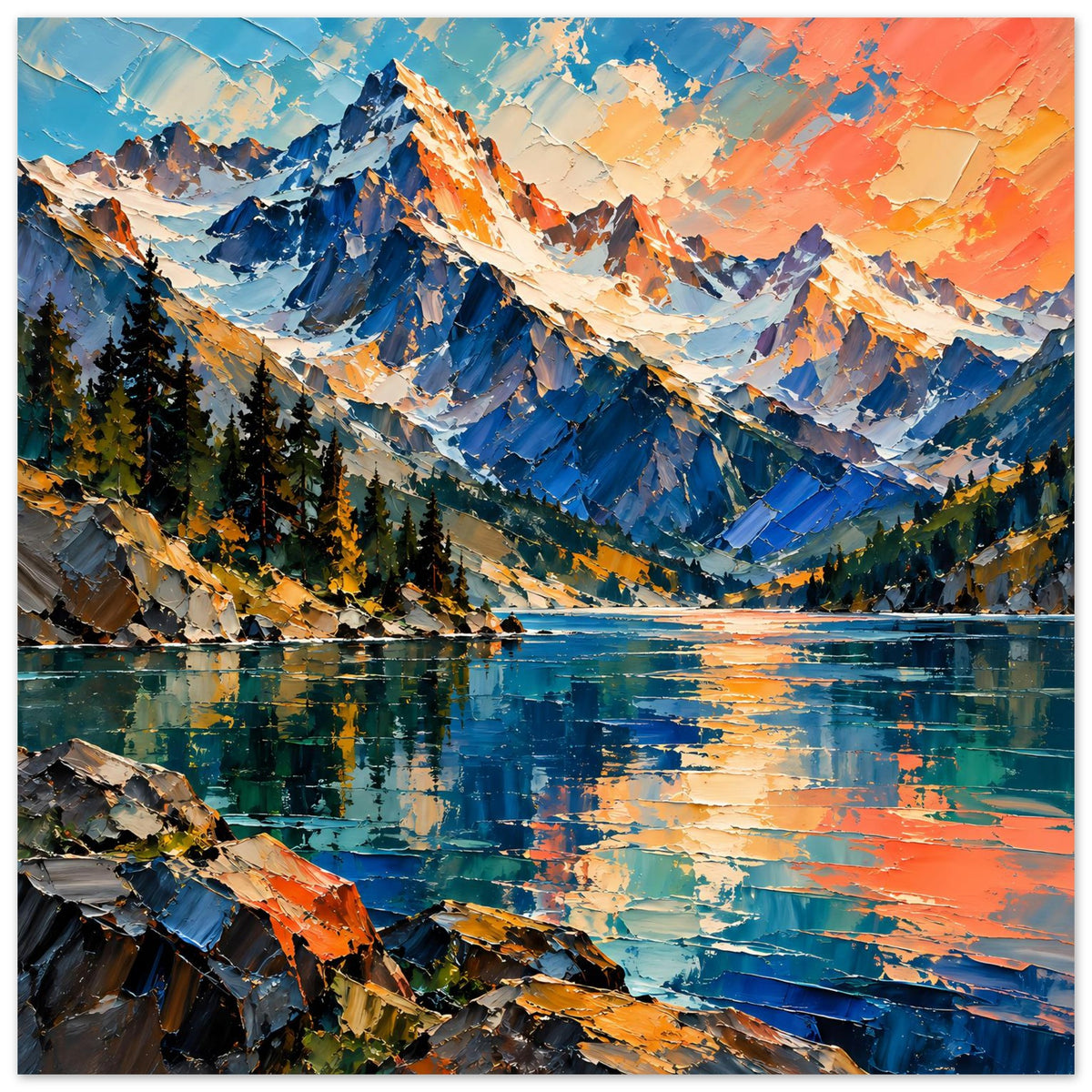 Matte Poster mit Bergsee-Landschaft: farbige Berge, Nadelwald und orange-blauer Himmel