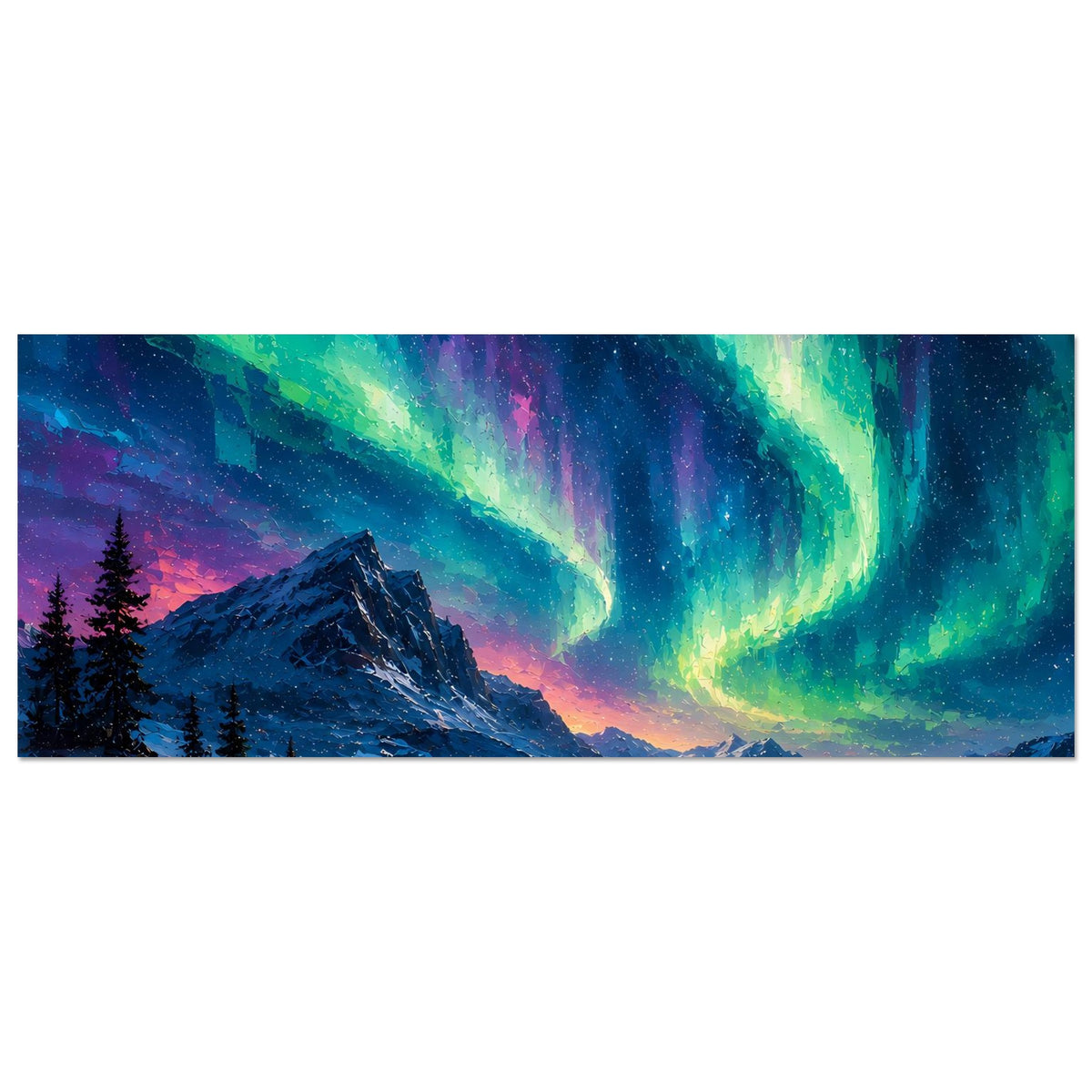 Kunstposter (horizontal) mit Nordlicht über Berglandschaft und klarer Horizontlinie