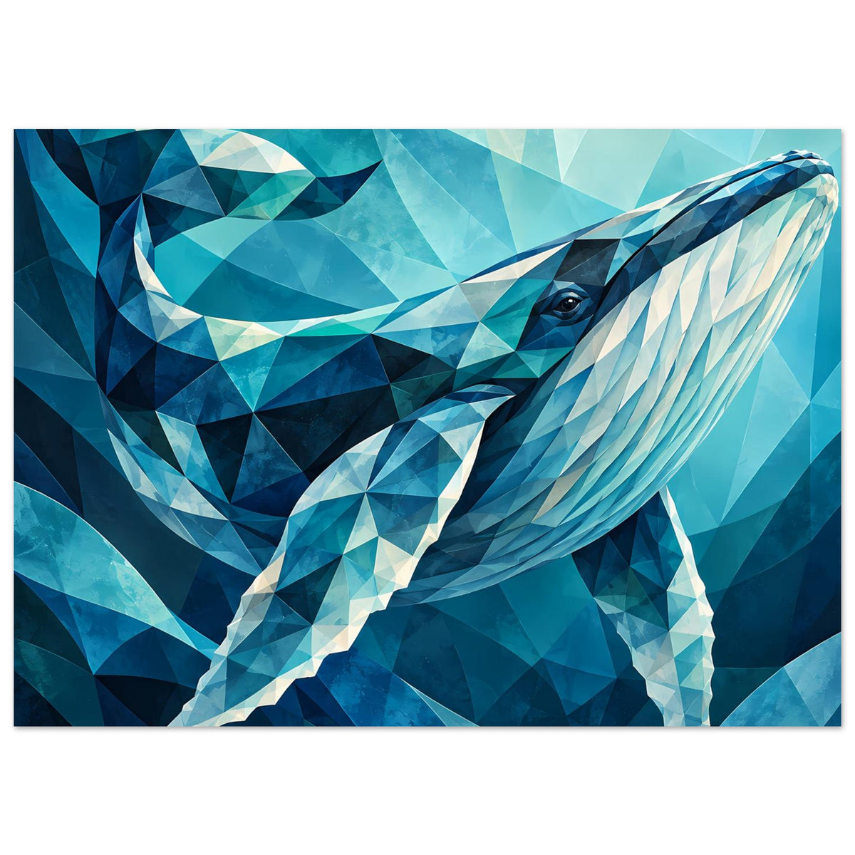 Wandposter mit geometrischem Blauwal-Motiv in Blau und Aquamarin, querformat
