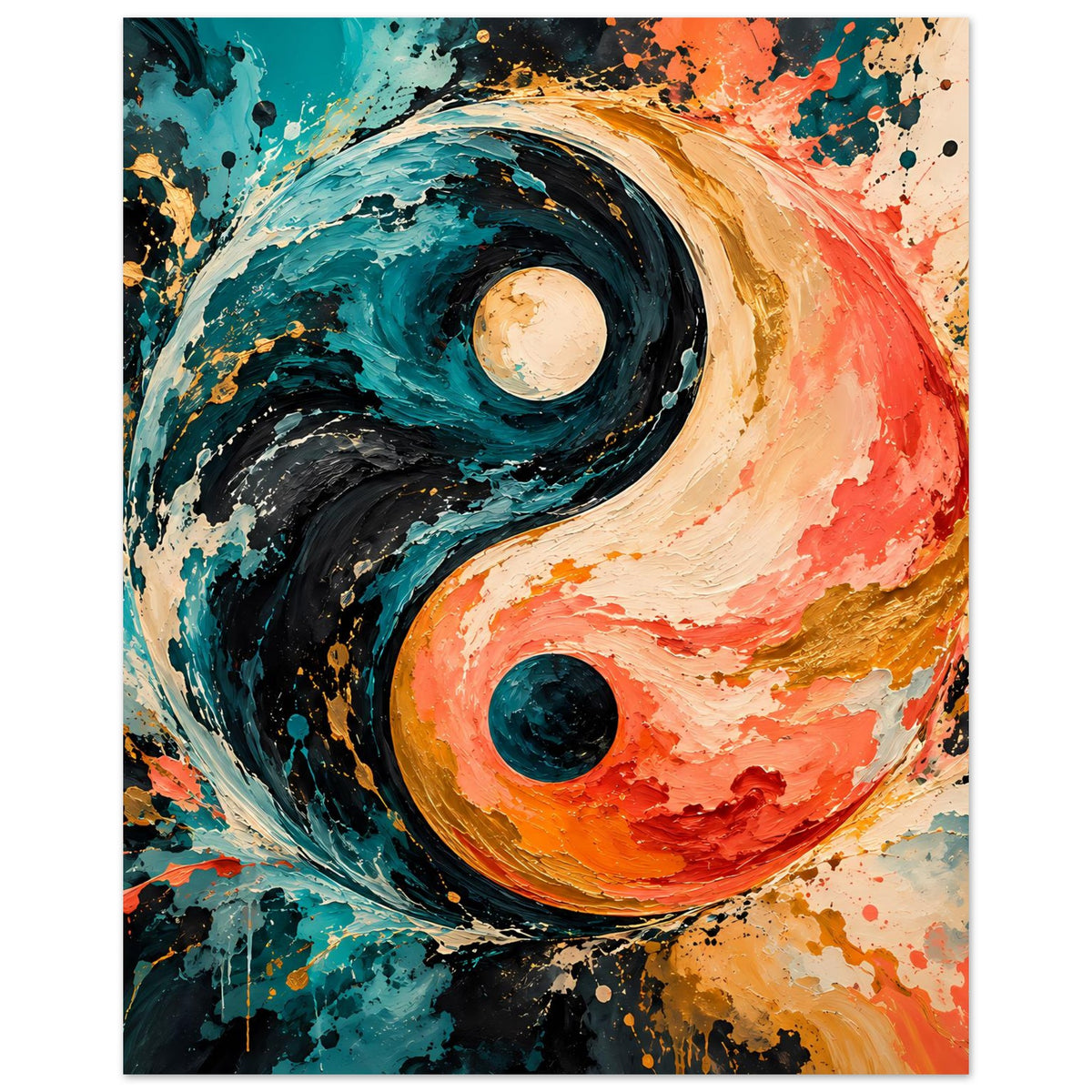 Abstraktes Yin-Yang-Poster im Hochformat mit Teal-, Rot- und Orangeflächen, Farbspritzern