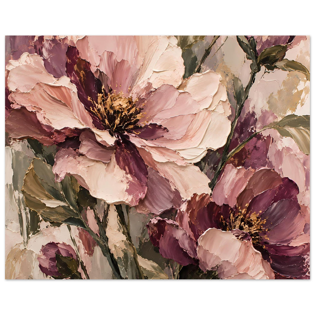 Floraler Poster mit abstrakten Blüten in Rosa, Mauve und Oliv, horizontal