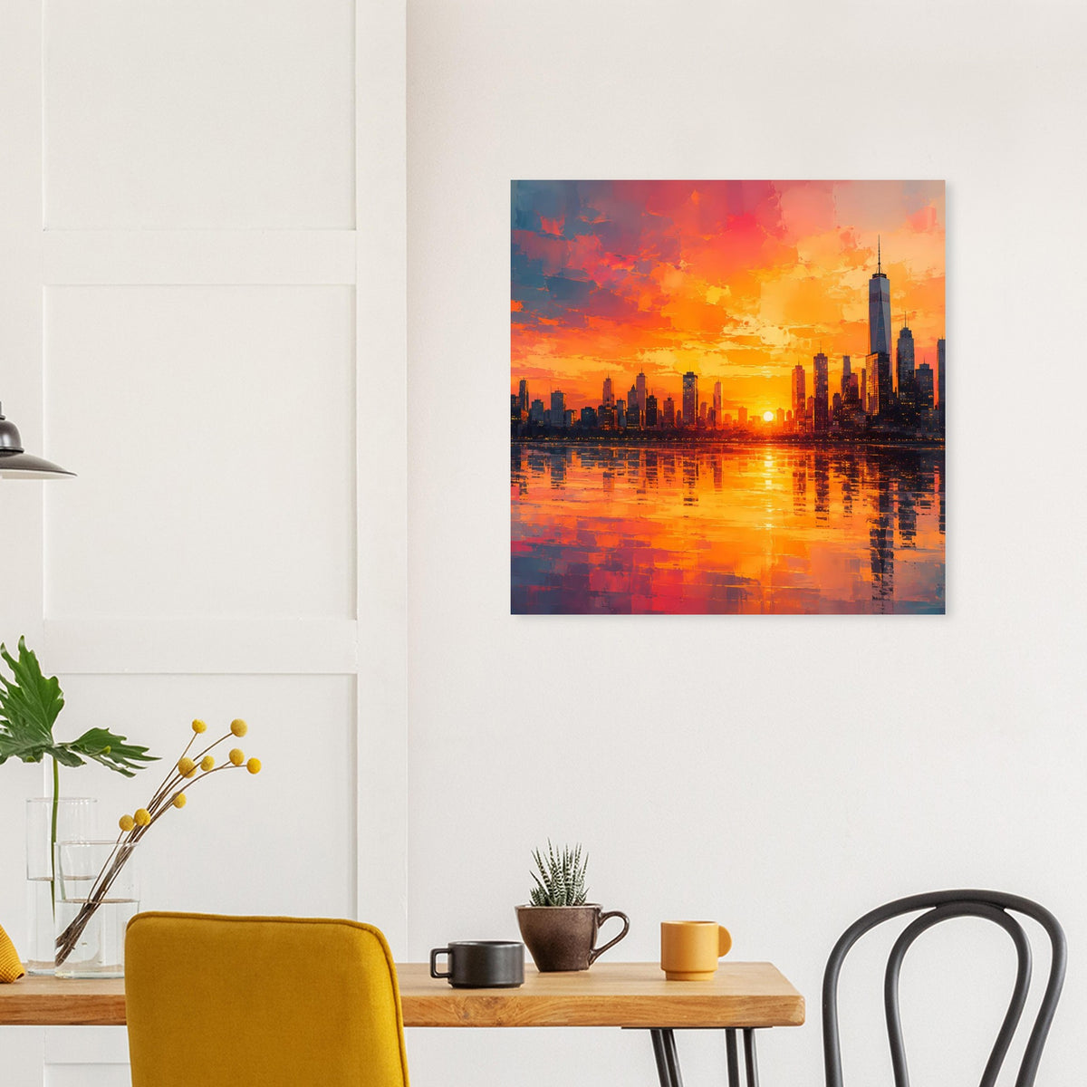 Quadratisches Poster mit leuchtender Skyline im Sonnenuntergang und Wasserspiegelung