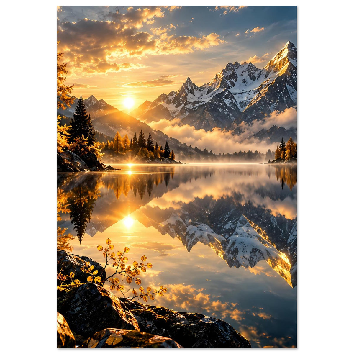 Hochformat-Poster: Sonnenaufgang am Bergsee mit spiegelnder Bergkulisse