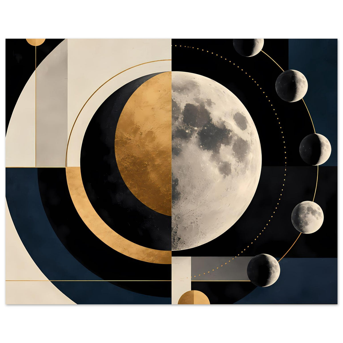 Abstrakter Mondkunst-Druck: große Mondscheibe, goldene Kreisbögen und mehrere Planeten