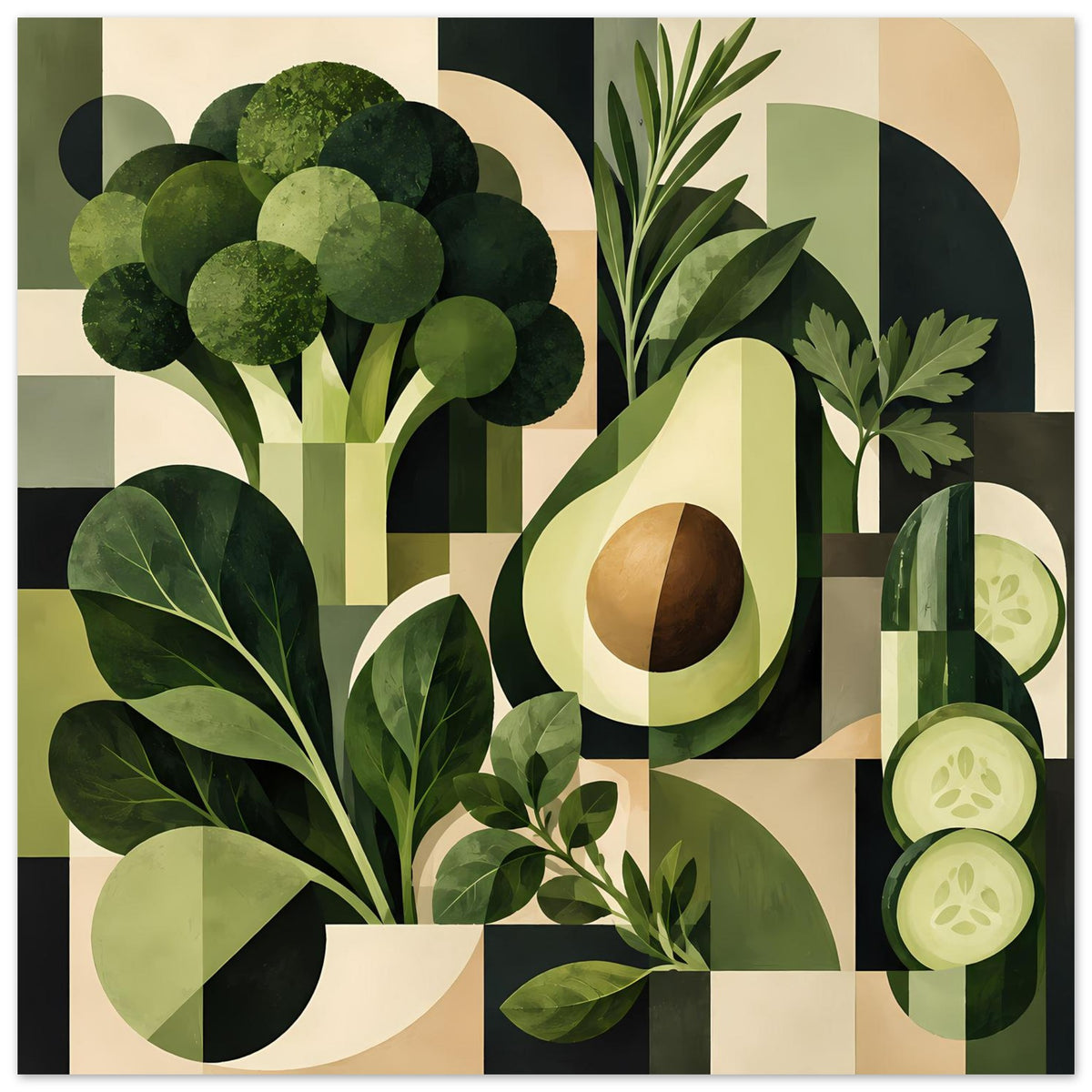 Poster im Querformat mit Avocado, Gurkenscheiben und tropischem Blattwerk in Grün