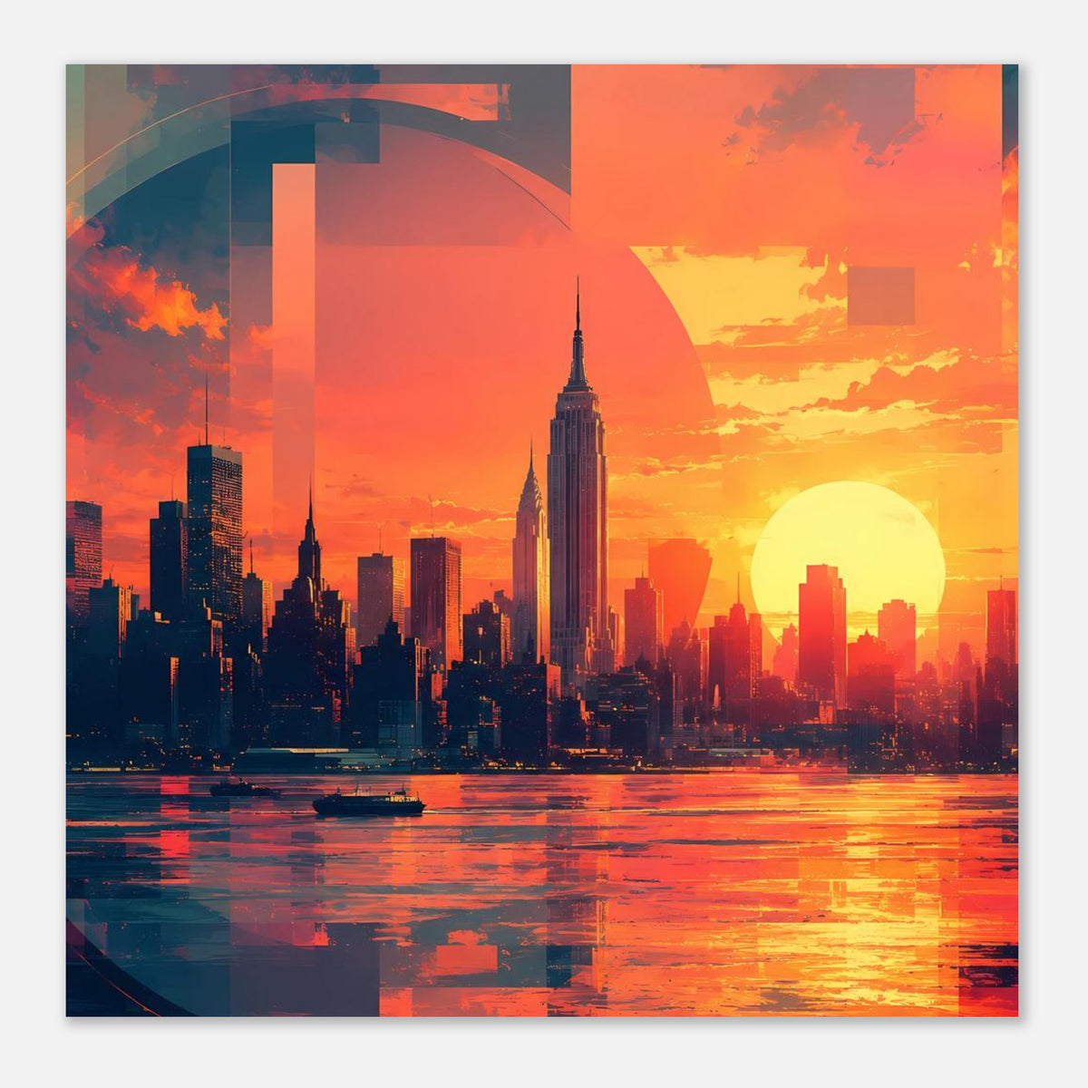 Quadratisches Sonnenuntergangsposter mit Skyline, Fluss und großer gelber Sonne