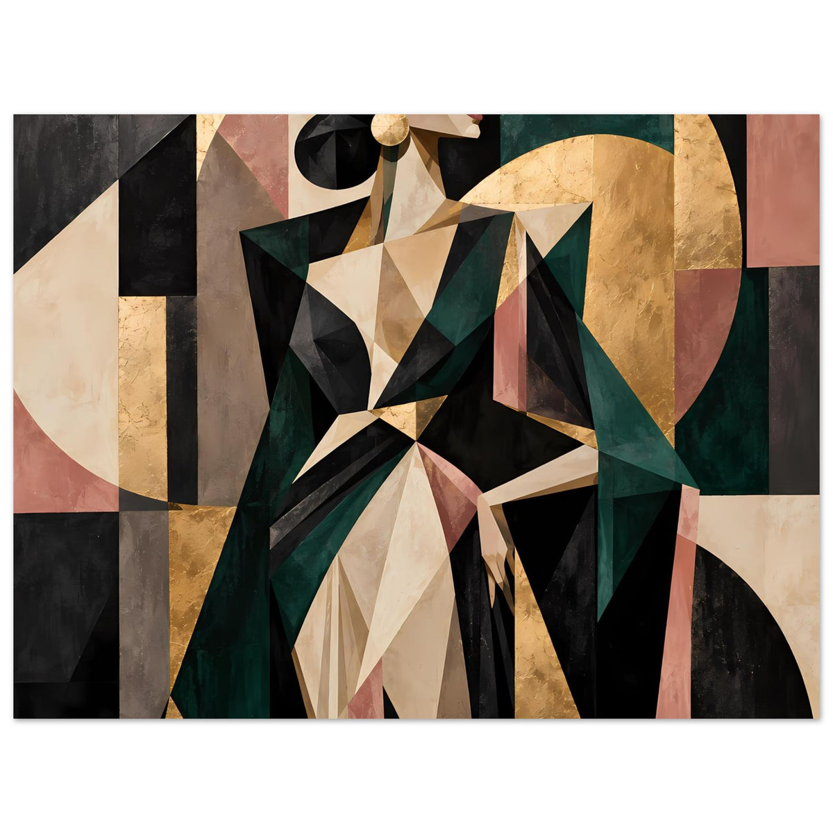Abstraktes Querformat-Poster mit geometrischen Formen in Olivgrün, Gold und Rosé