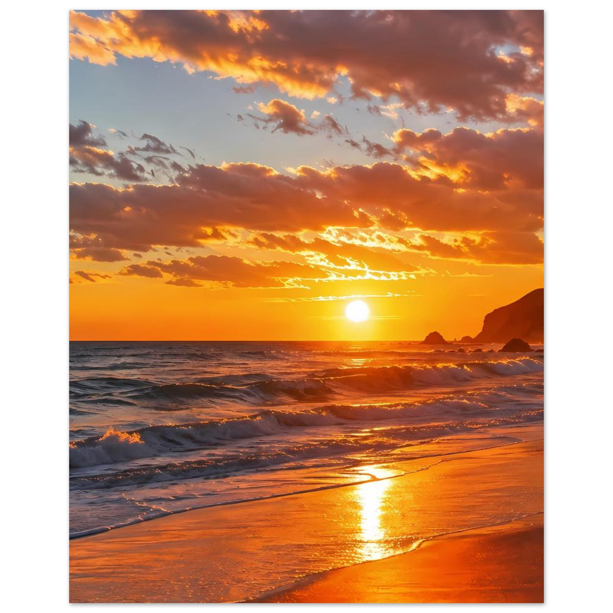 Strandposter im Hochformat mit Sonnenuntergang über der Küste, warmes Licht auf Strand