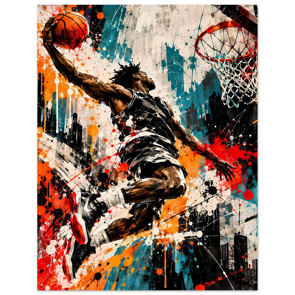 Basketball-Poster mit Spritzkunst-Szene: Spieler fliegt zum Korb, Ball und Spritzer