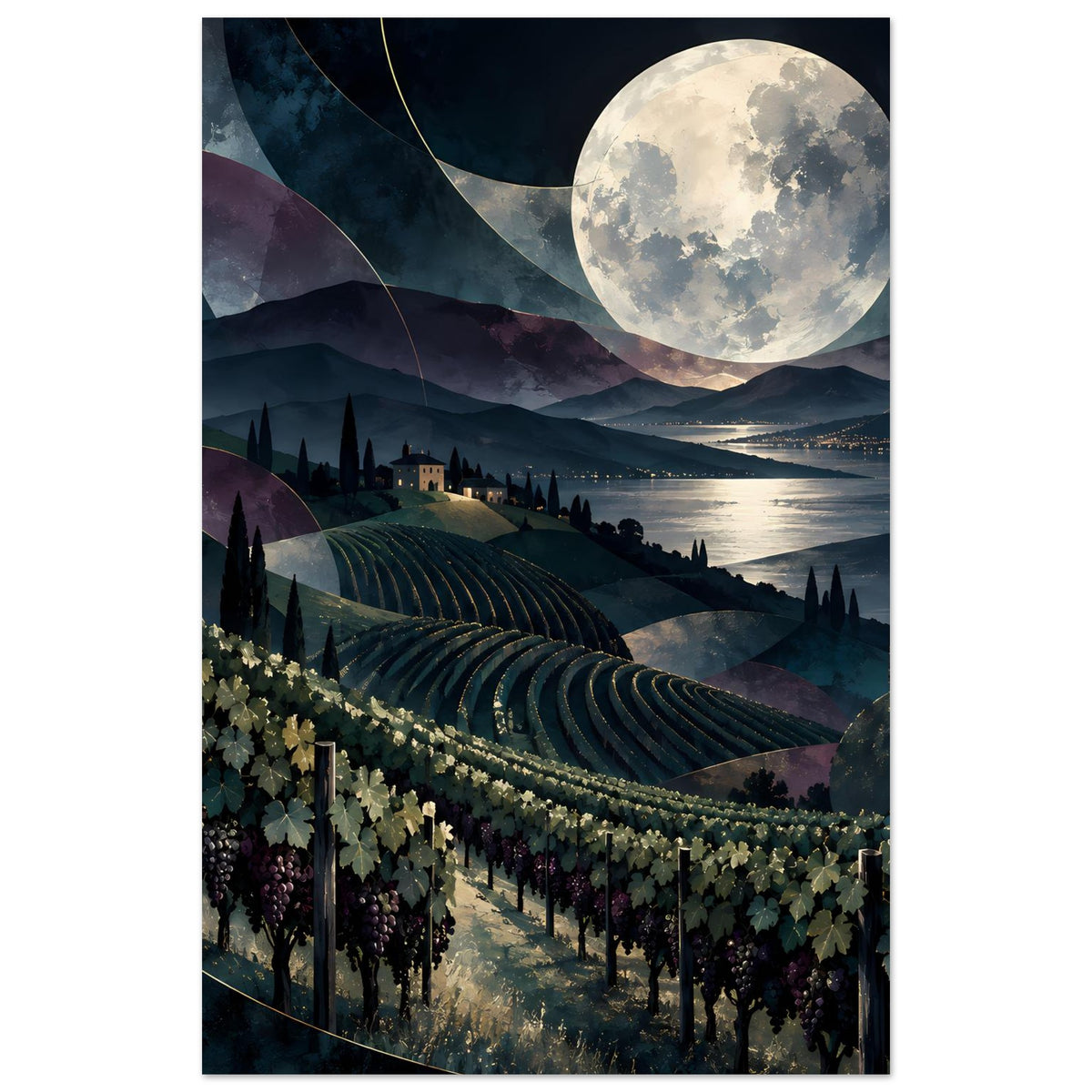 Nachtlandschaftsposter mit Weinreihen, Vollmond über See und Bergen, Hochformat