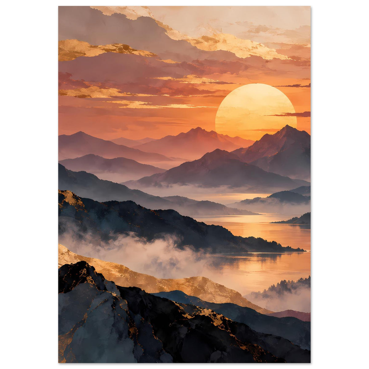 Hochformatiges Poster mit goldener Sonne, markanten Bergspitzen und ruhigem See