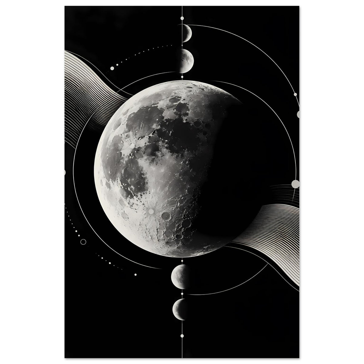 Hochformat-Poster mit Mondmotiv: silberner Mond mit Schatten, Kreise und Linien auf dunkel