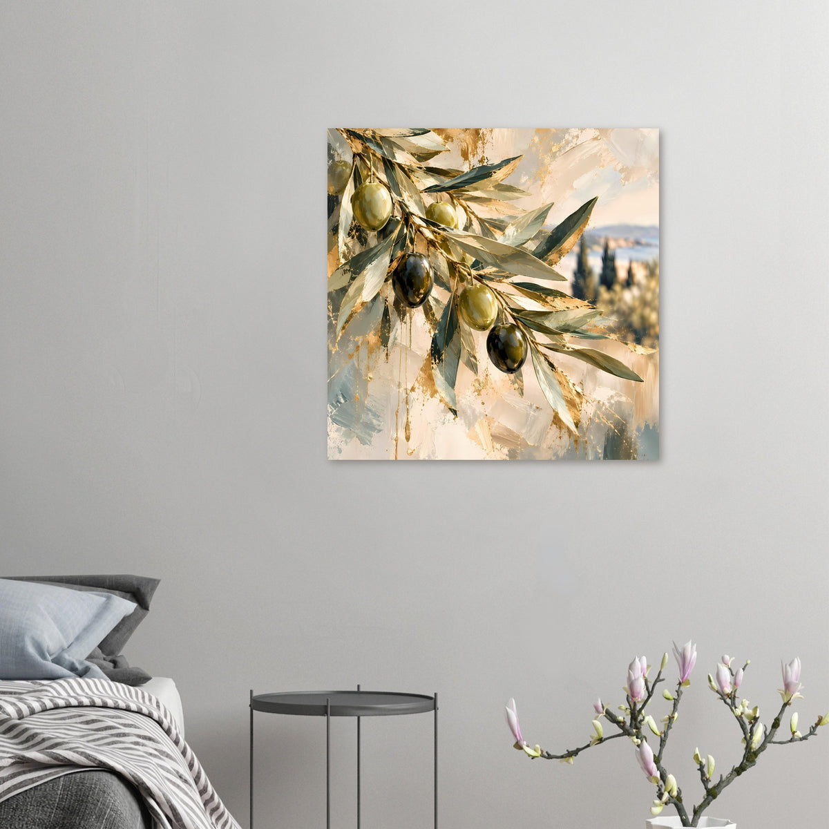 Kleines Olivenzweig-Kunstposter mit goldenen, grünen und dunkelgrünen Oliven und Blättern