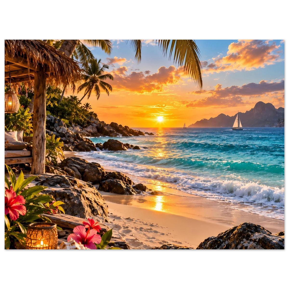 Horizontales Poster mit tropischem Strandpanorama: Palmen, Felsen, Sonnenlicht und Meeresbrandung