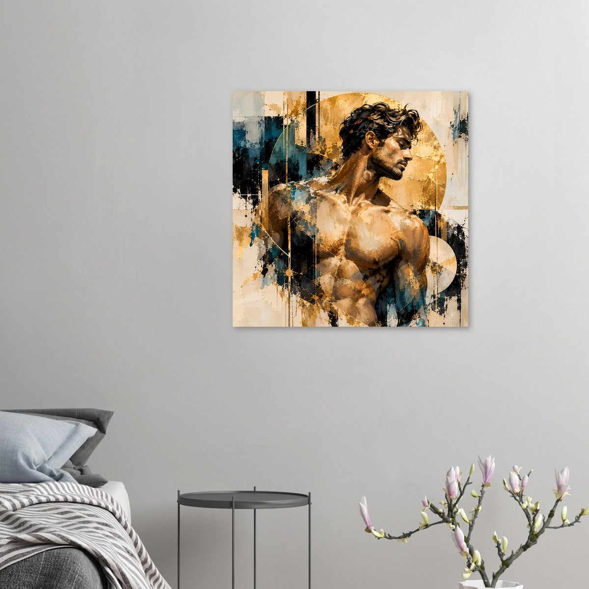 Kunstposter mit Akt-Motiv: muskulöser Mann im Profil, Gold- und Blautöne