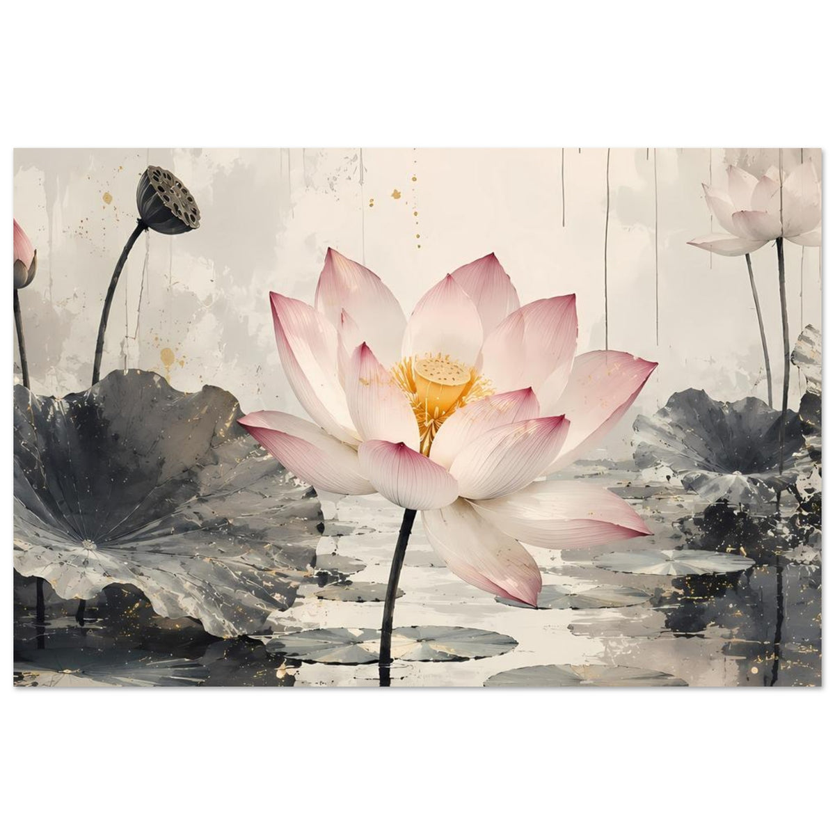 Zen-Poster mit rosa Lotusblüte im Zentrum, graue Wasseroberfläche mit Farbklecksen